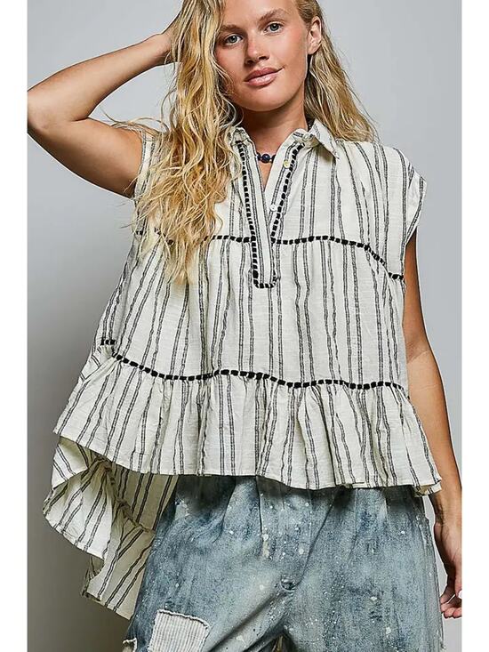 POL Tops - POL Collared Neck Stripe Soft Ruffle Stitch Sleeveless Shirt Top